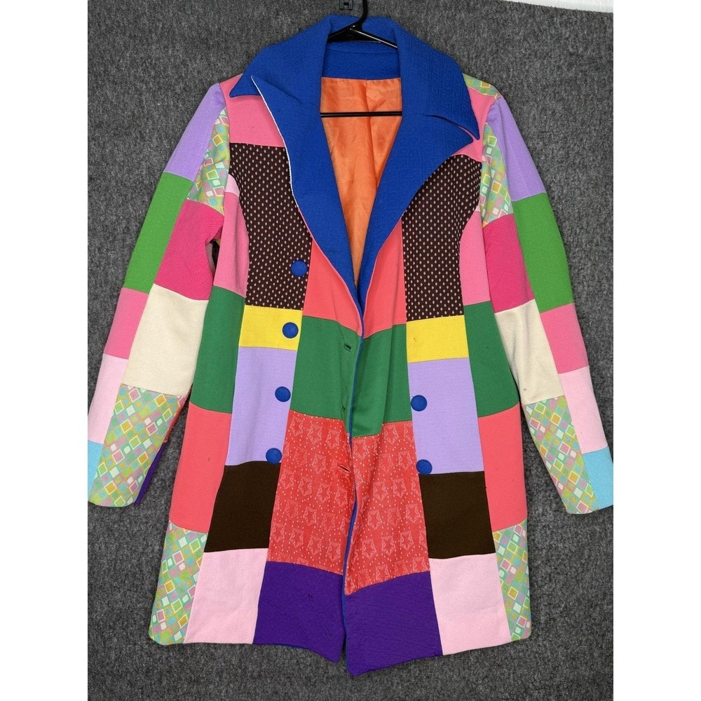 Vintage 70s Multicolor Patchwork Coat Double Breasted Statement Jacket Women